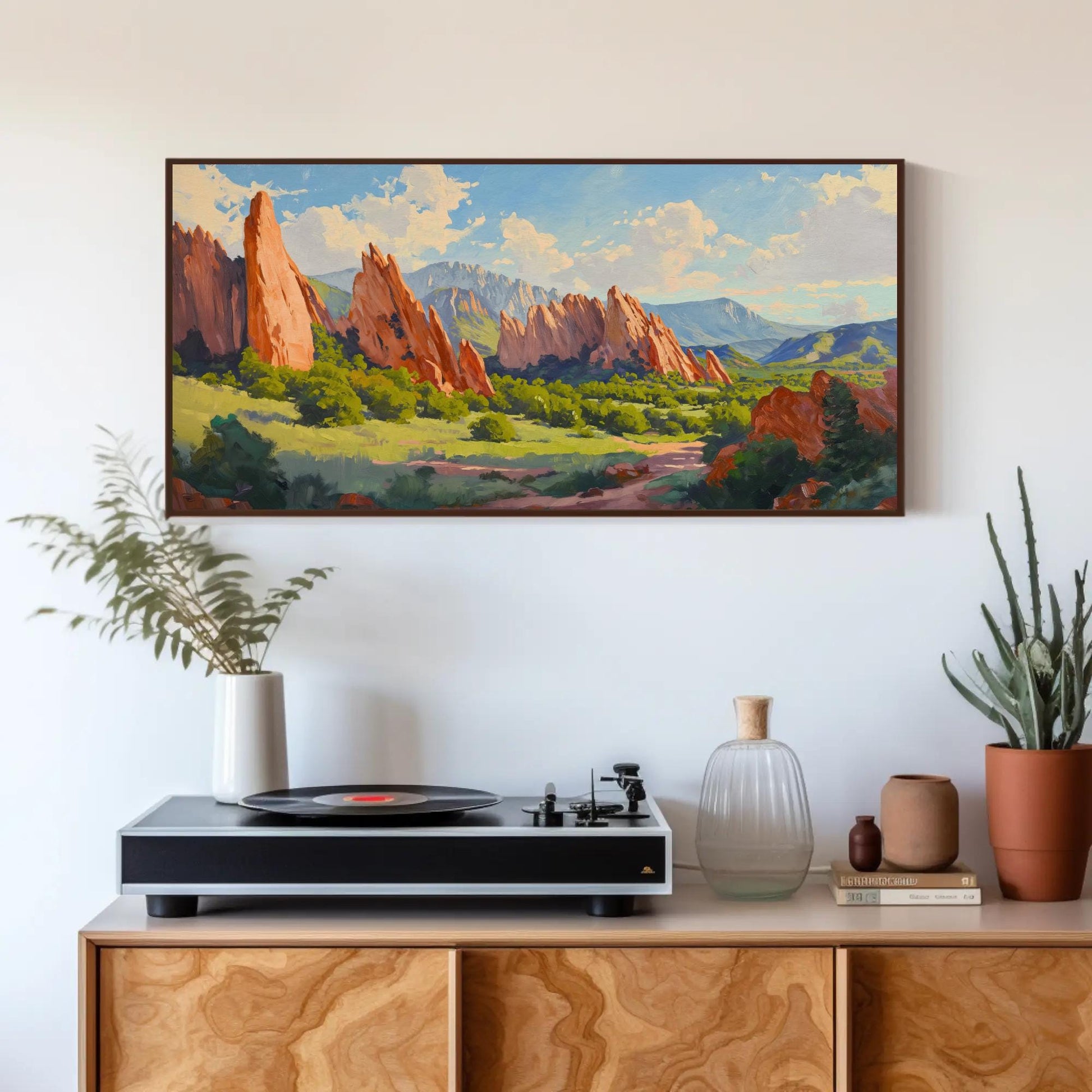 Garden of the Gods , Colorado Landscape canvas wall art shown in a styled room