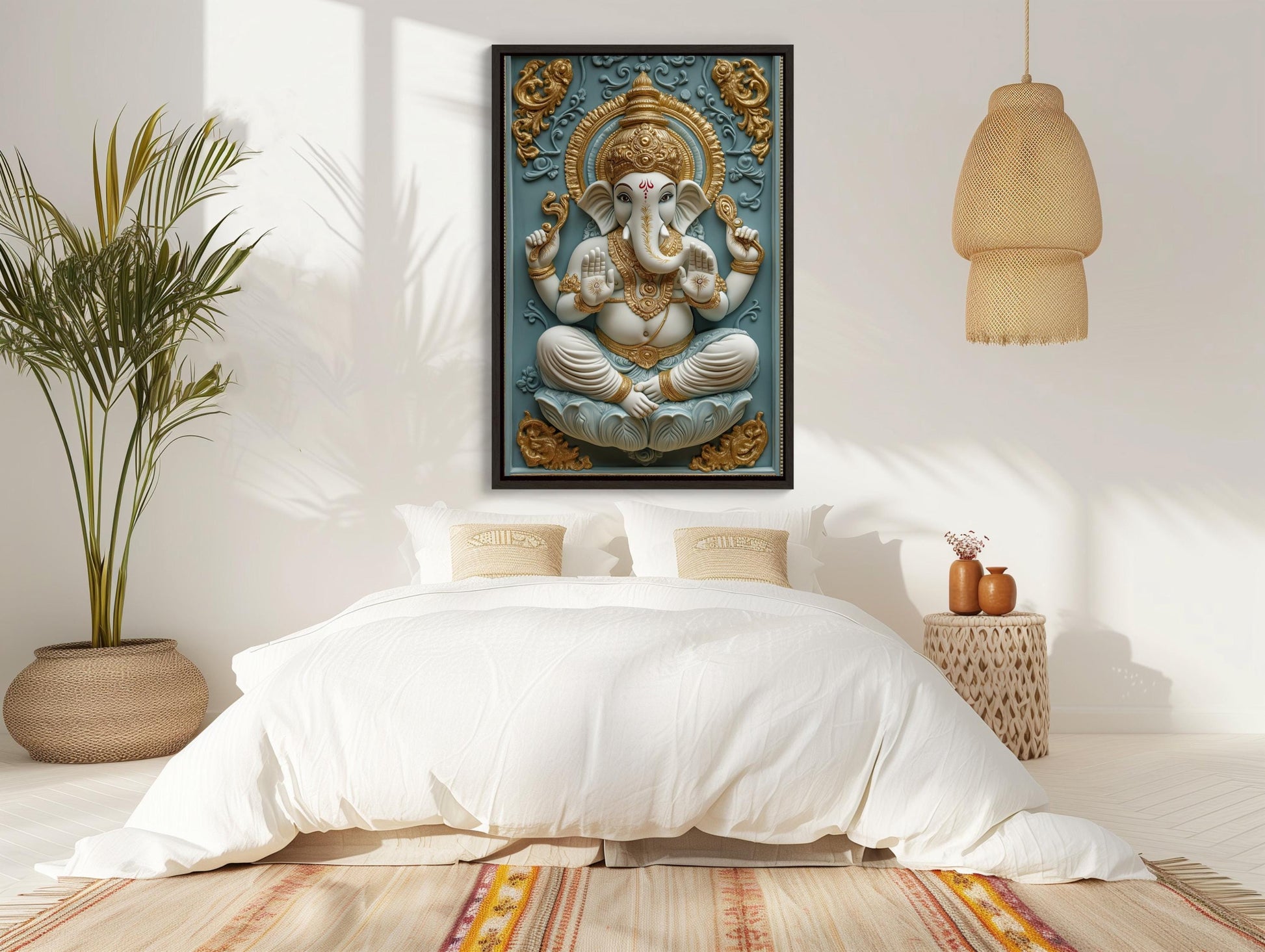 3D Ganesha canvas wall art shown in a styled room