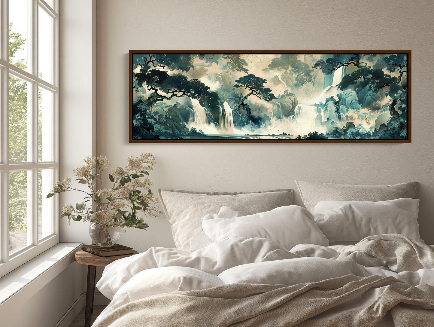 Japanese Waterfall , Ukiyo-e Panoramic canvas wall art shown in a bedroom