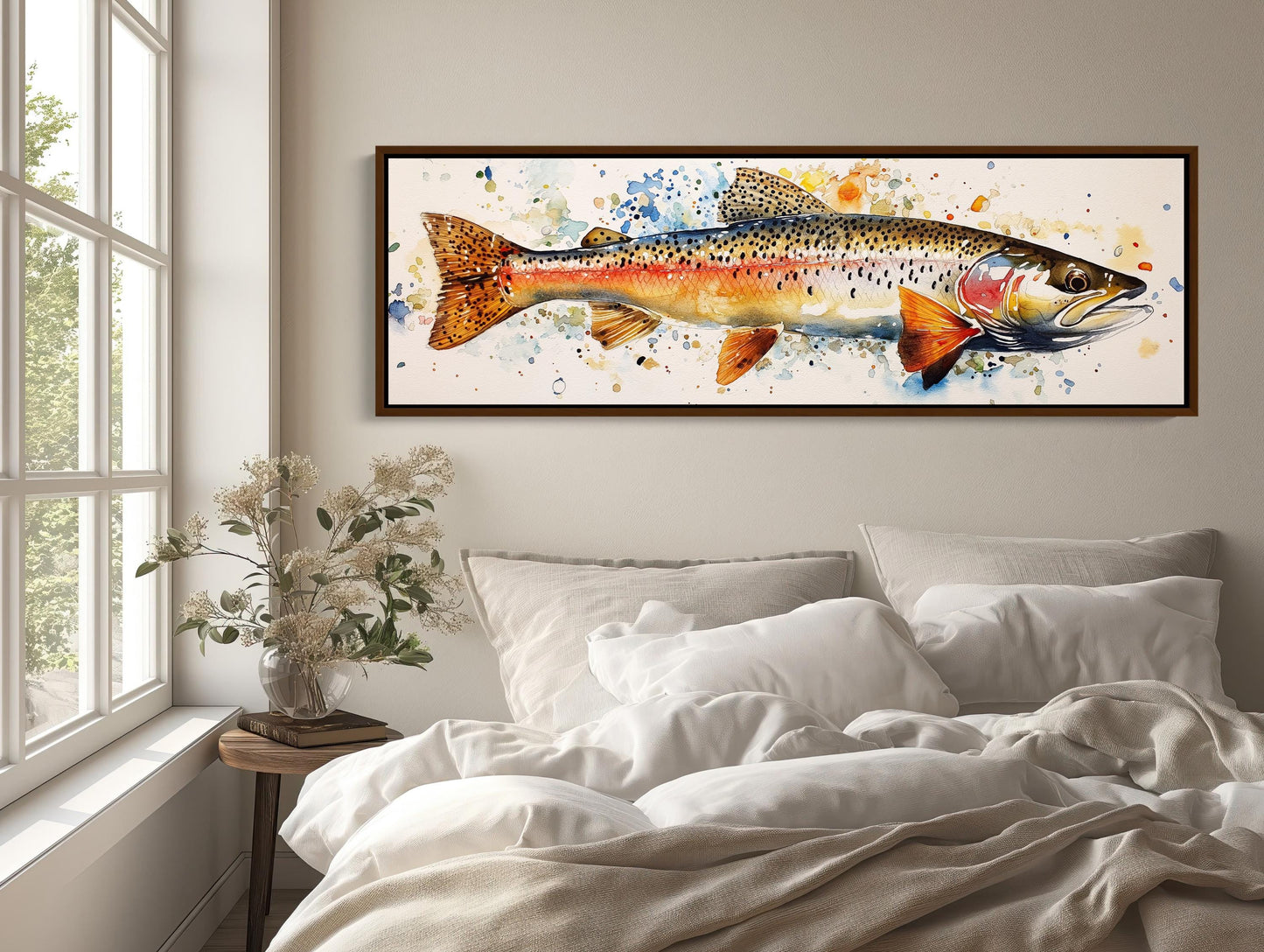 Rainbow Trout , Watercolor Fishing Cabin canvas wall art shown above a bed