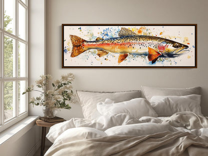 Rainbow Trout , Watercolor Fishing Cabin canvas wall art shown above a bed