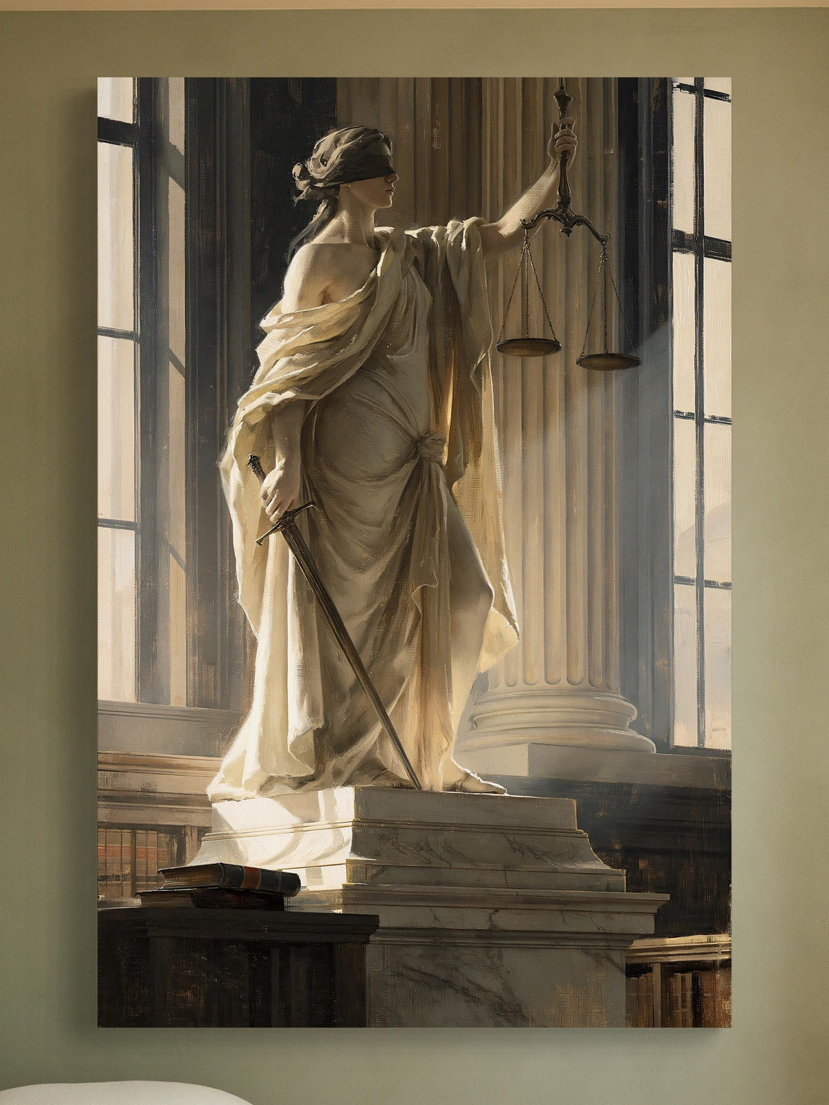 Lady Justice marble statue canvas wall art, statue of a woman holding a sword and scales, standing on a pedestal in a room