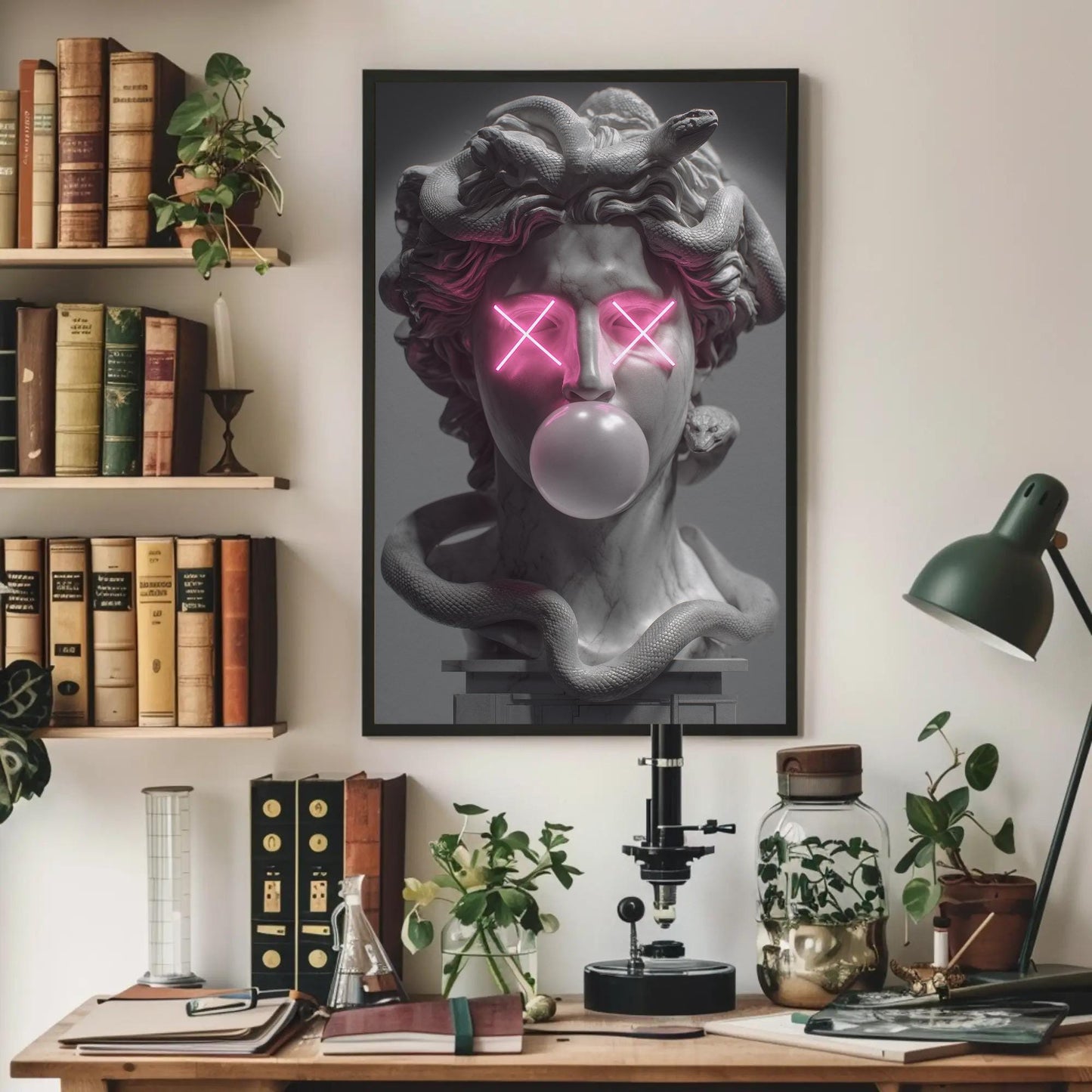 Medusa canvas wall art shown above a desk