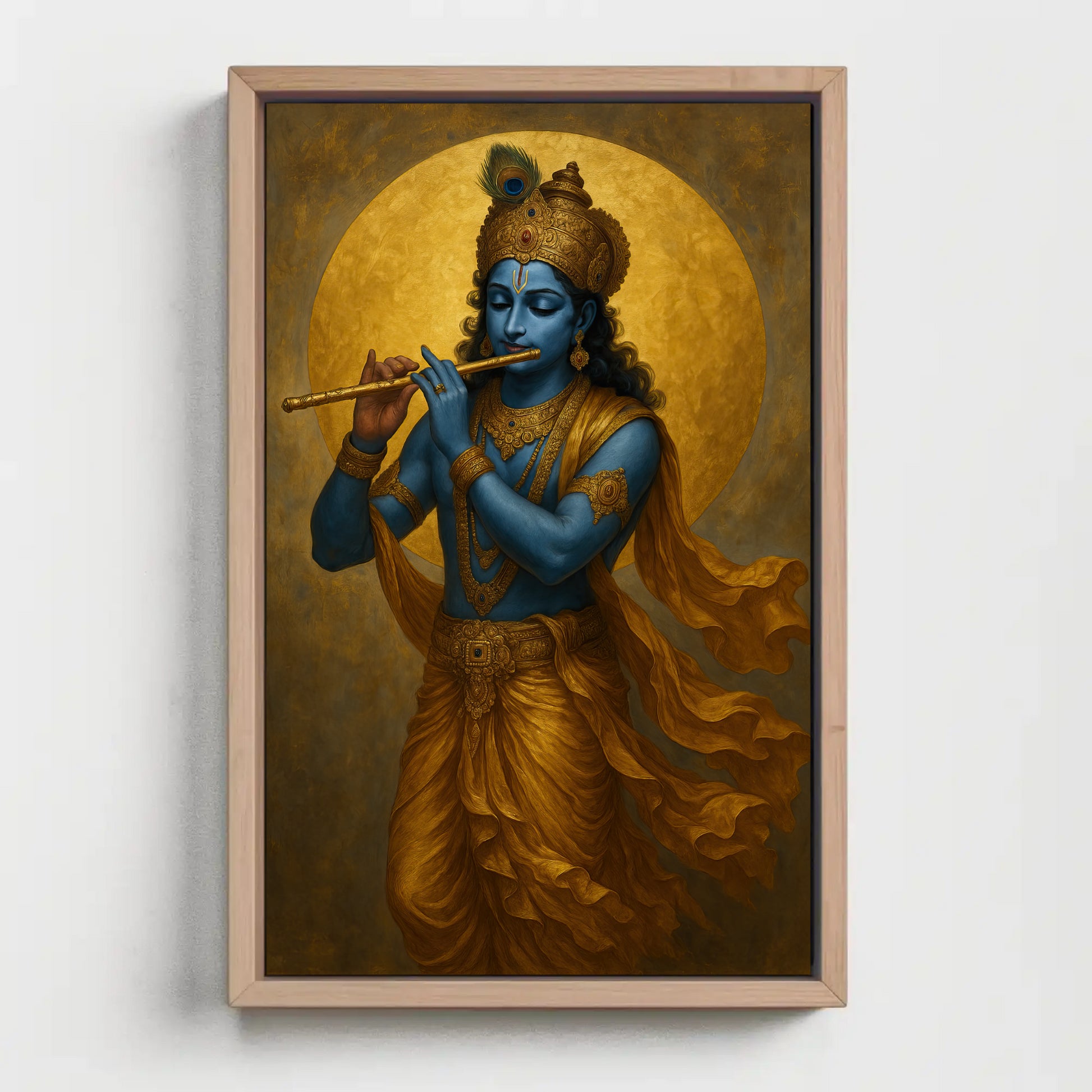 a blue-skinned Hindu deity playing a flute, with a golden robe and a crown on his head.
