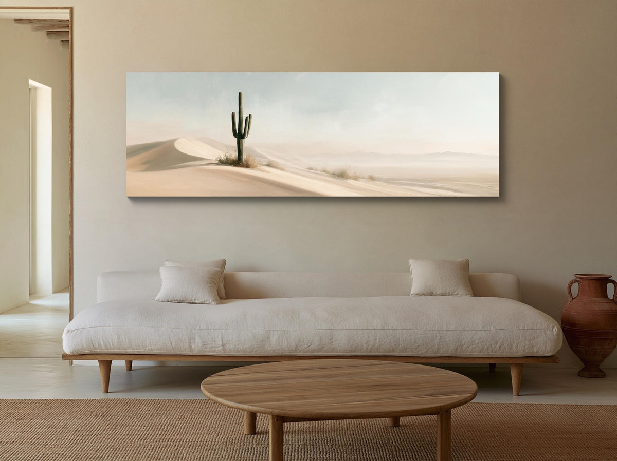 Lone saguaro on sand dunes canvas wall art, desert landscape with a cactus in the foreground and a white sofa in the