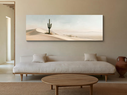 Lone saguaro on sand dunes canvas wall art, desert landscape with a cactus in the foreground and a white sofa in the