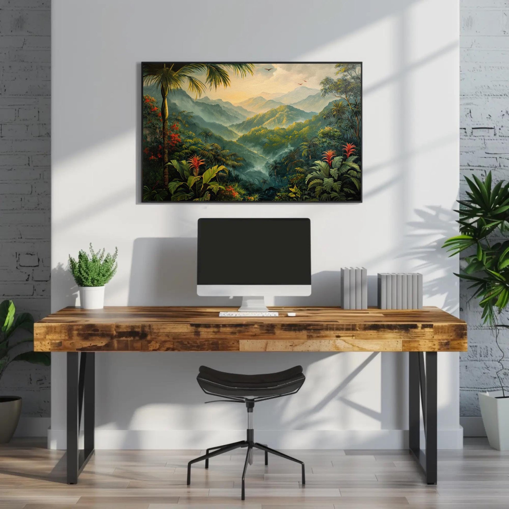 Rainforest , Misty Tropical Jungle canvas wall art shown above a desk