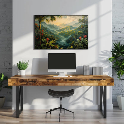 Rainforest , Misty Tropical Jungle canvas wall art shown above a desk