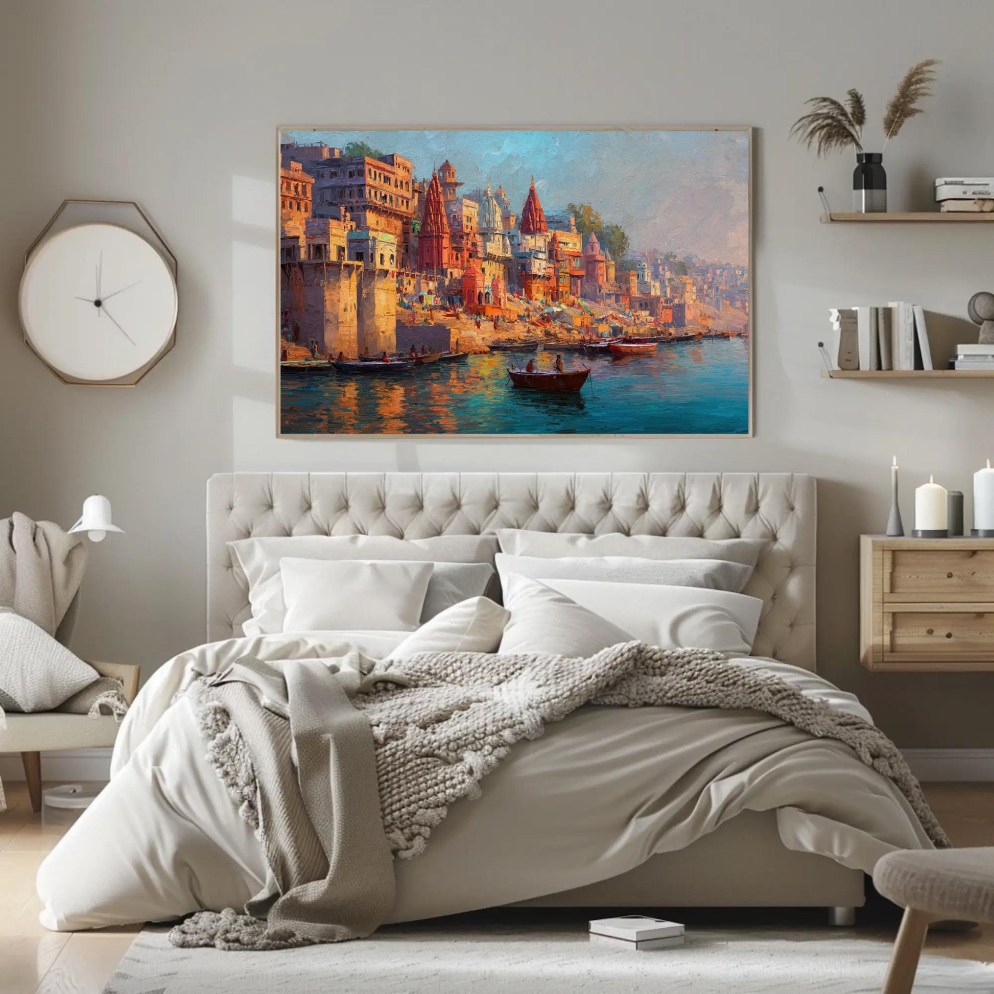 Varanasi Ghat canvas wall art shown above a bed