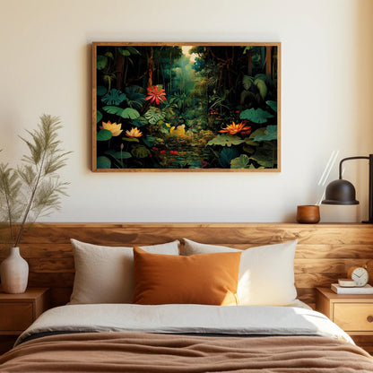 Tropical Jungle canvas wall art shown above a bed
