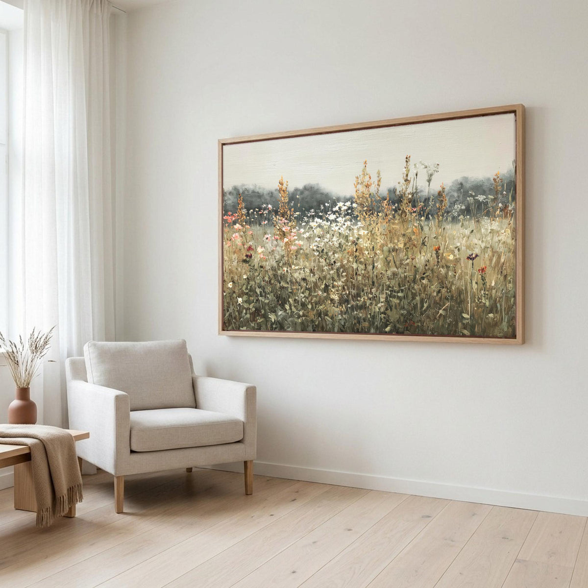 Wildflower meadow canvas wall art, soft wildflowers and golden grasses before a misty tree line