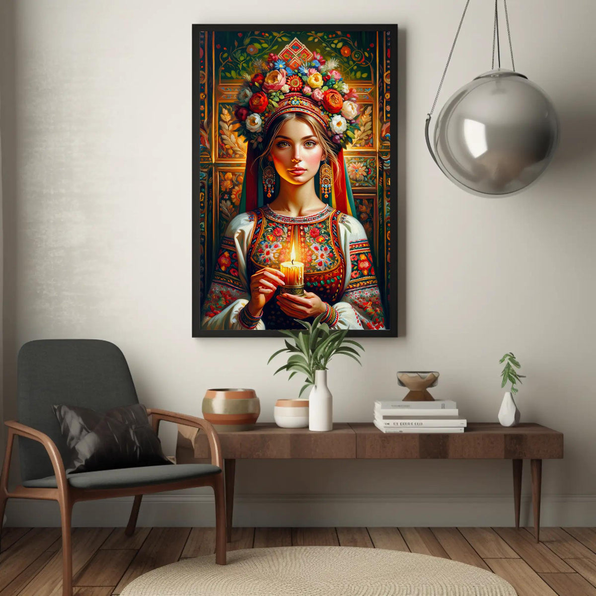 Ukrainian girl with candle canvas wall art, painting of a woman holding a lit candle