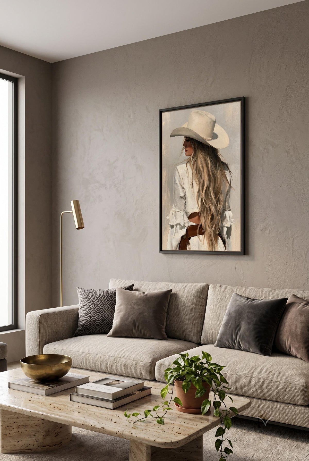 a living room with a large framed painting of a woman wearing a white hat, a gray sofa, a wooden coffee table, and a potted plant.