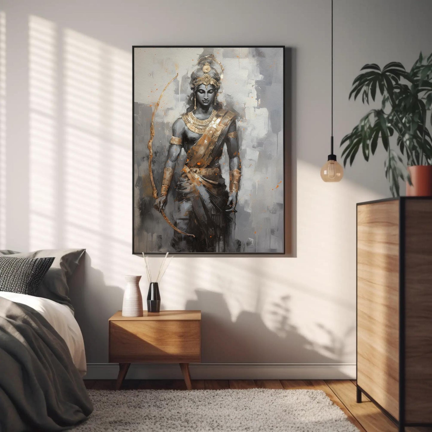 Lord Rama , Hindu God , Pooja Room canvas wall art shown in a bedroom