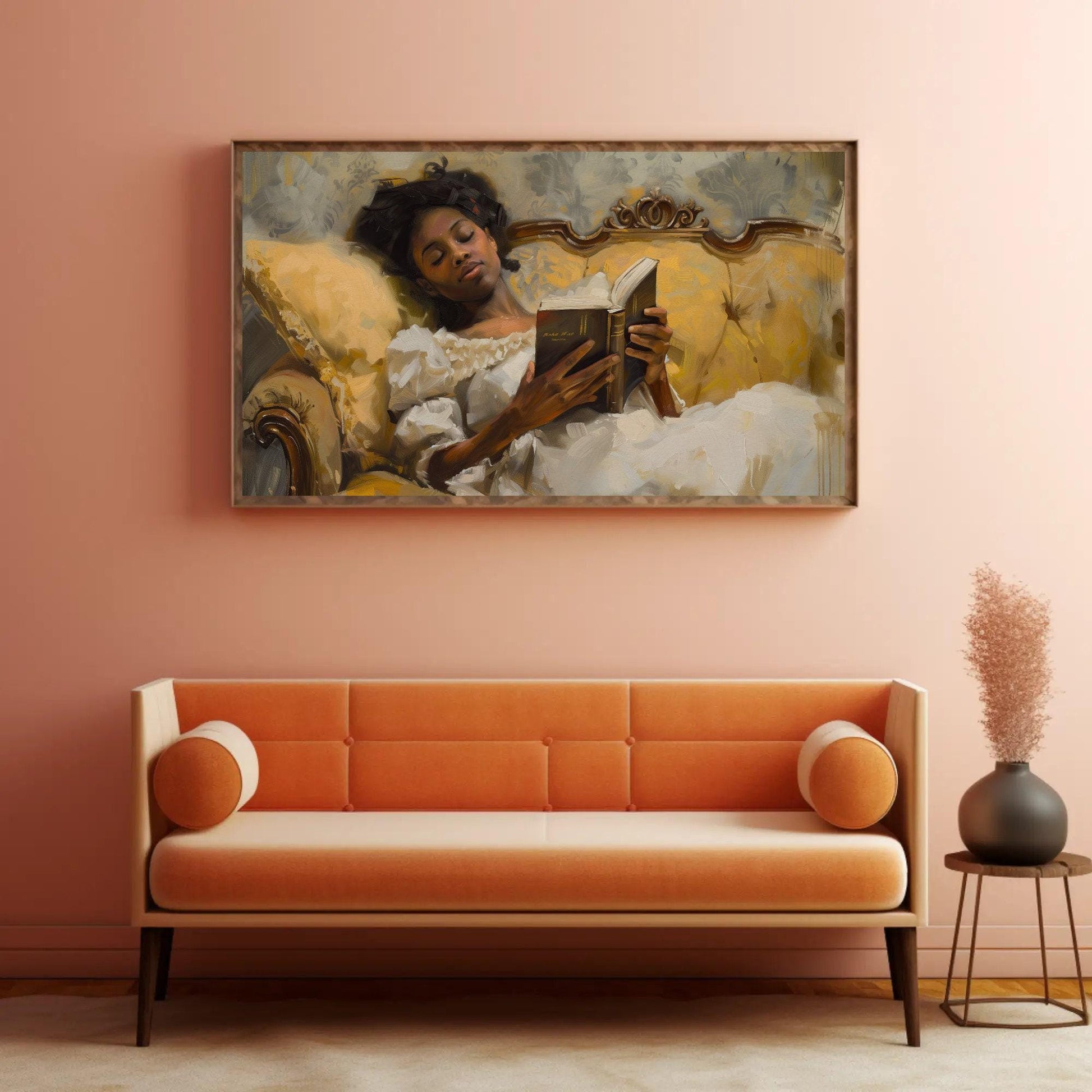 Vintage canvas wall art shown above a sofa