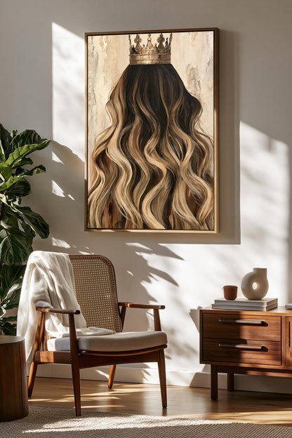 a large painting of a woman's long, wavy hair with a crown on her head, hanging on a wall above a wooden chair and a wooden side table.