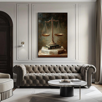 Scales of justice still life canvas wall art, large painting of a scale with books on it, hanging on a wall above a tufted