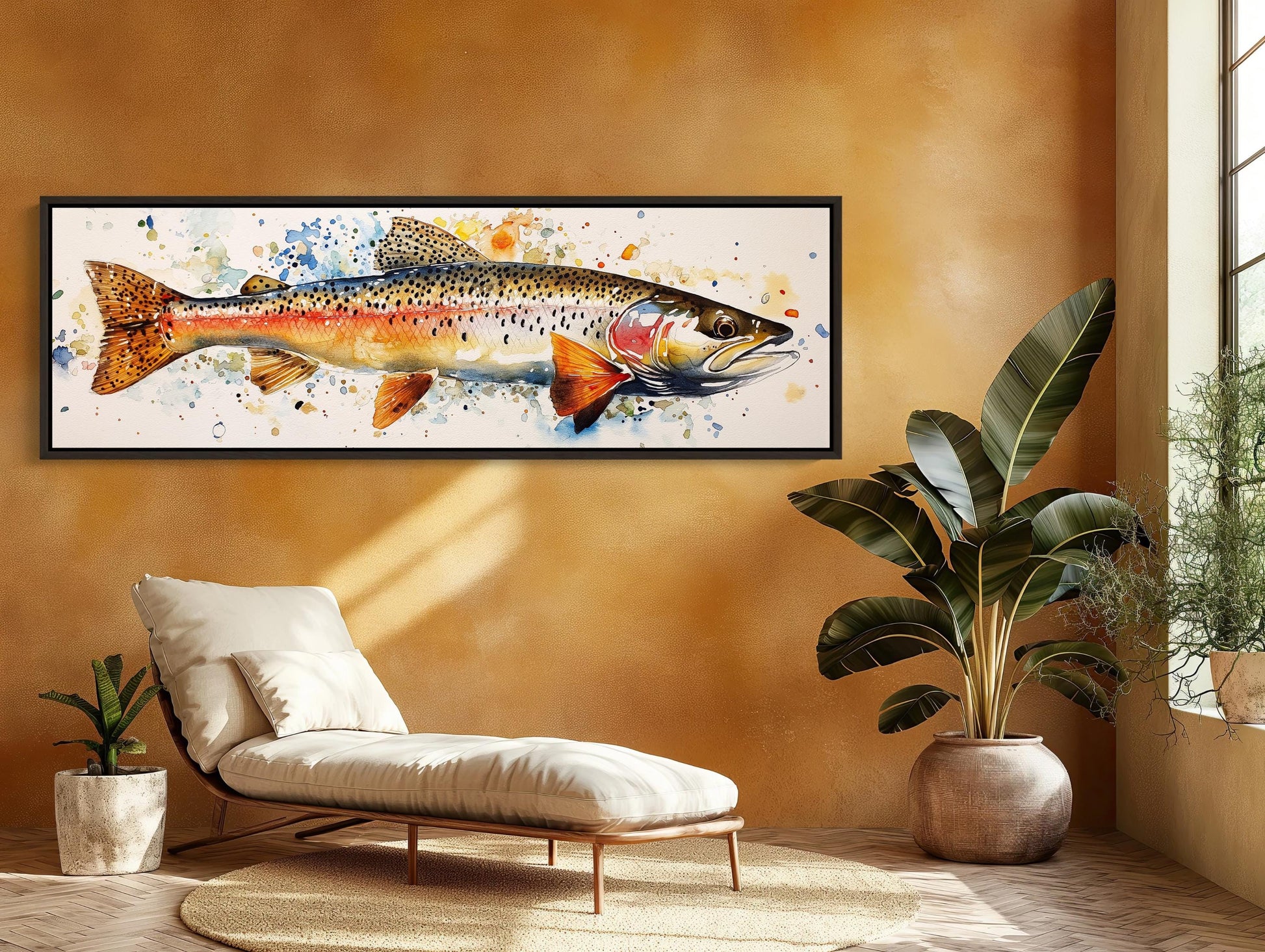 Rainbow Trout , Watercolor Fishing Cabin canvas wall art shown in a styled room (view 2)