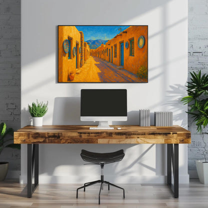 Santa Fe Adobe canvas wall art shown above a desk