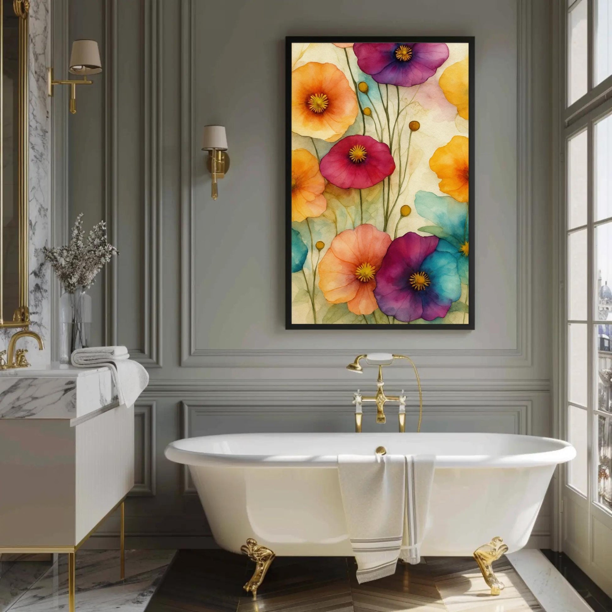 Colorful Poppy , Abstract Watercolor Floral canvas print, premium giclée wall art