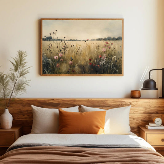 Muted Wildflowers canvas wall art shown in a bedroom