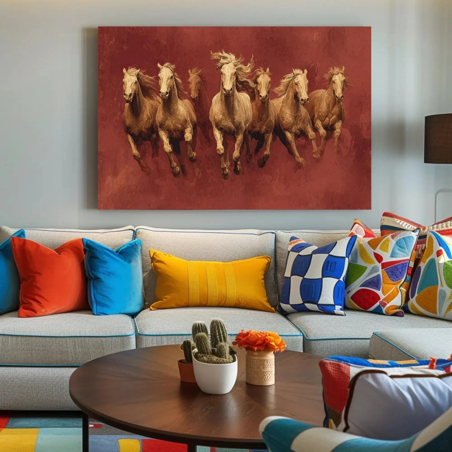 7 Gold Horses Vastu Canvas Art - Mocha Sunrise, Luxury Indian Decor for Success & Prosperity, Contemporary Equine Painting Wall Art – Canvas Print