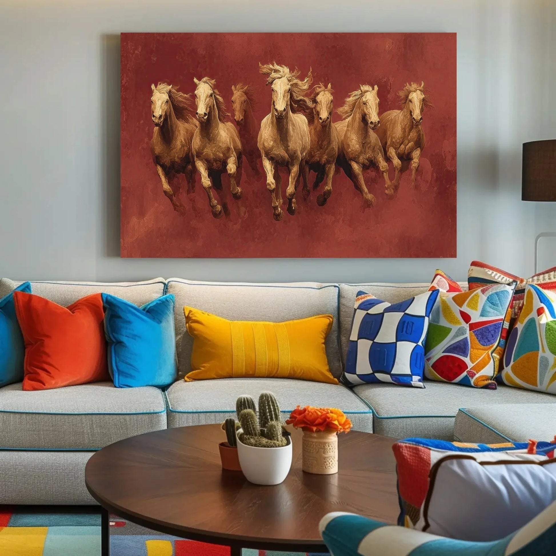 7 Gold Horses Vastu Canvas Art - Mocha Sunrise, Luxury Indian Decor for Success & Prosperity, Contemporary Equine Painting Wall Art – Canvas Print