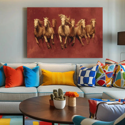 7 Gold Horses Vastu Canvas Art - Mocha Sunrise, Luxury Indian Decor for Success & Prosperity, Contemporary Equine Painting Wall Art – Canvas Print