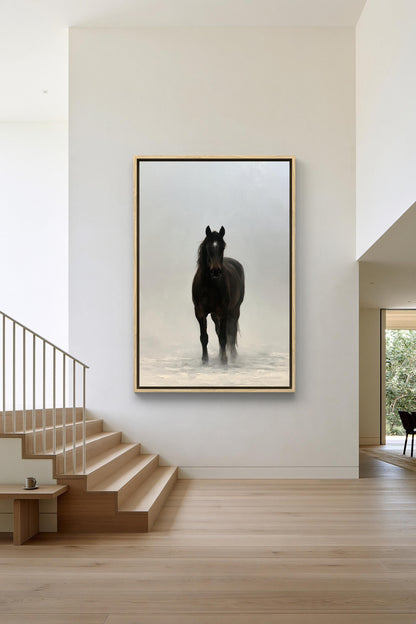 Black horse in mist canvas wall art, large black horse standing in a snowy landscape, with a staircase visible in the