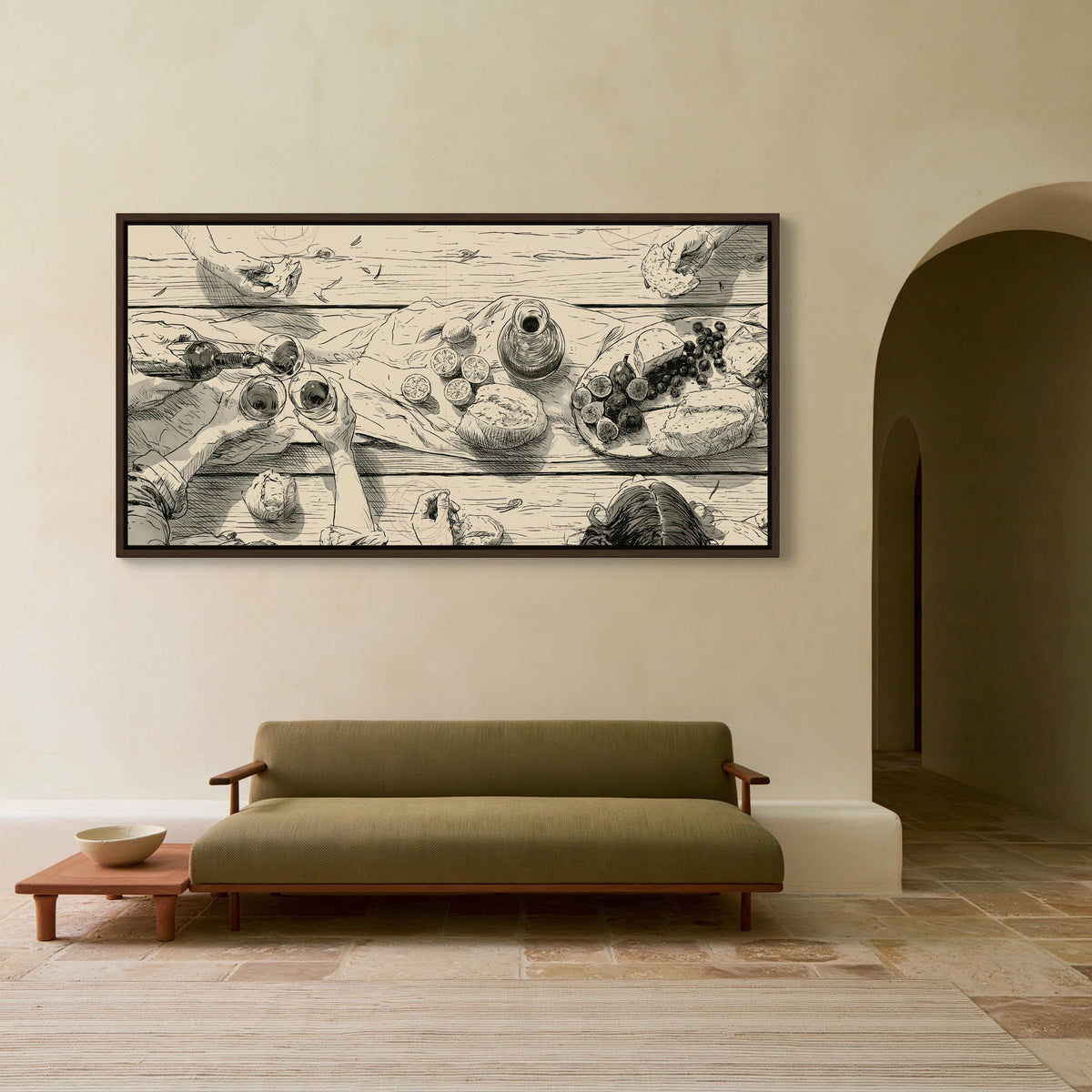 Dinner party table sketch canvas wall art, large black and white framed artwork depicting a table with various food items