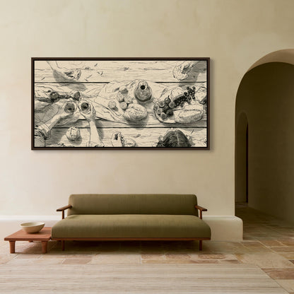 Dinner party table sketch canvas wall art, large black and white framed artwork depicting a table with various food items