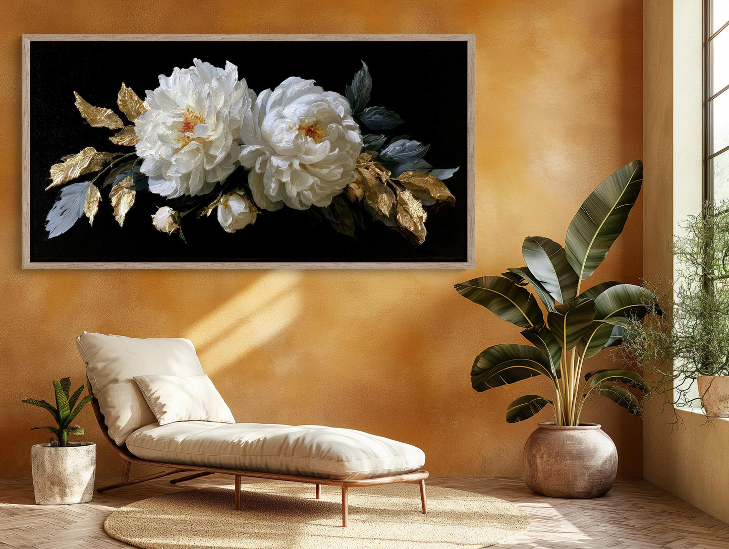 Baroque White Peony canvas wall art shown in a living room (view 2)