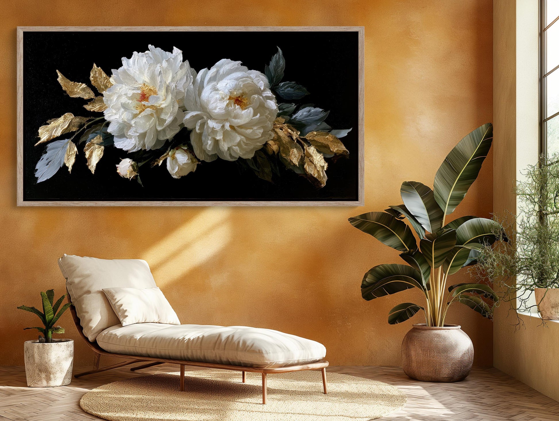Baroque White Peony canvas wall art shown in a living room (view 2)