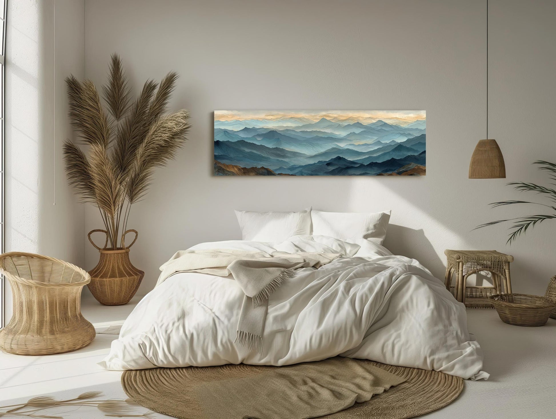 Misty Mountain , Japandi Panoramic Landscape canvas wall art shown in a bedroom (view 2)