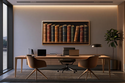 a modern and well-lit office space with a large wooden desk, two chairs, and a framed artwork of books on the wall.
