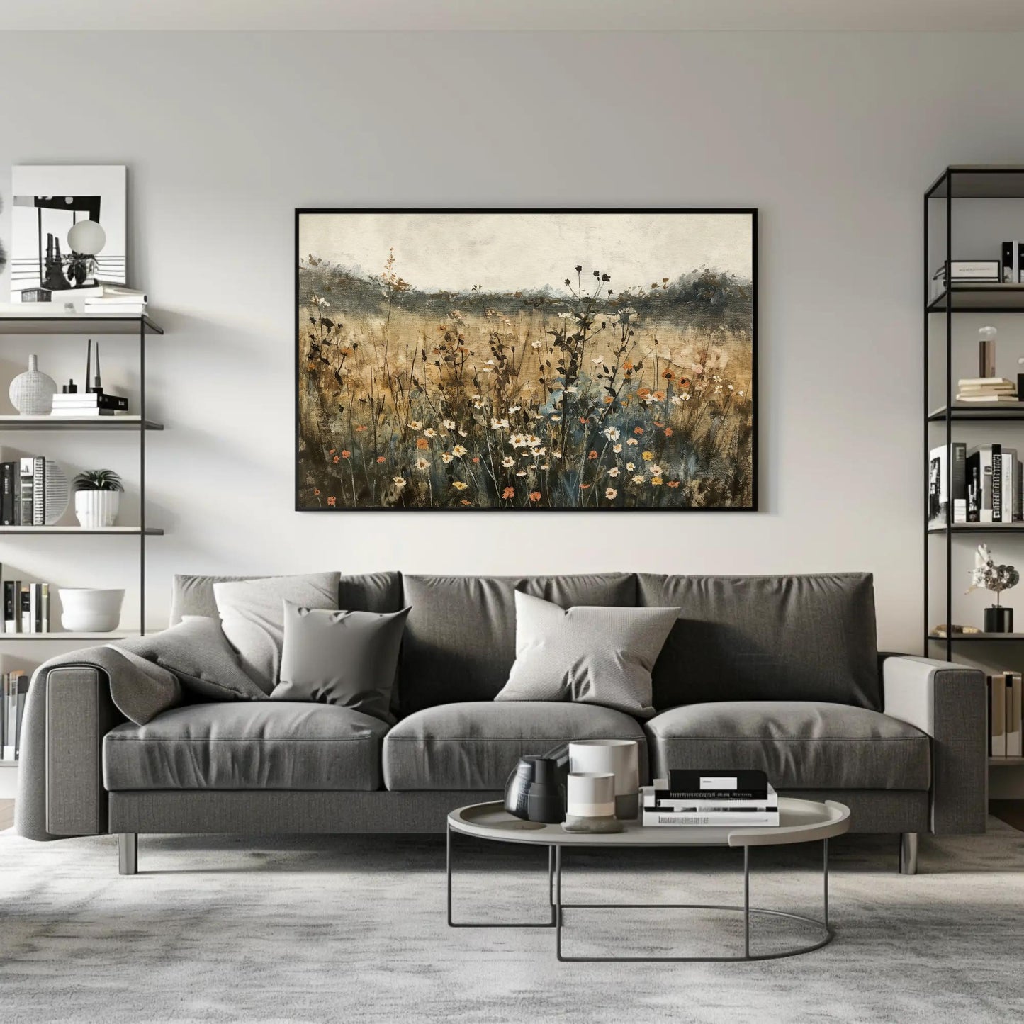 Wildflower Field , Moody Botanical Landscape Art canvas wall art shown in a living room