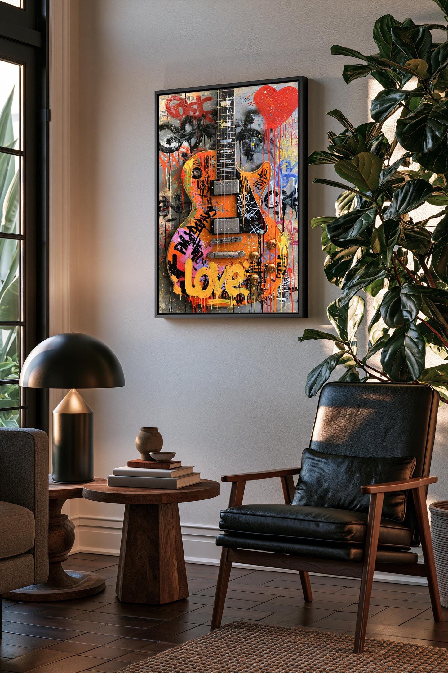 a modern living room with a large abstract painting of a guitar hanging on the wall. The room is furnished with a leather chair, a wooden side table, and a lamp. The room is decorated with various plants and books, creating a cozy and artistic atmosphere.
