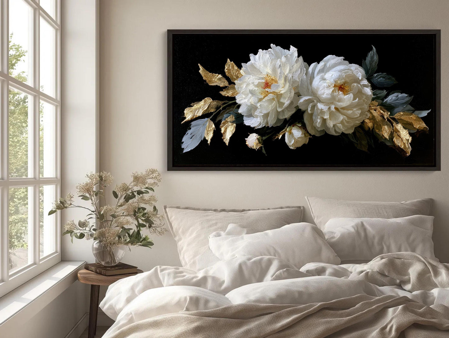 Baroque White Peony canvas wall art shown in a bedroom (view 2)