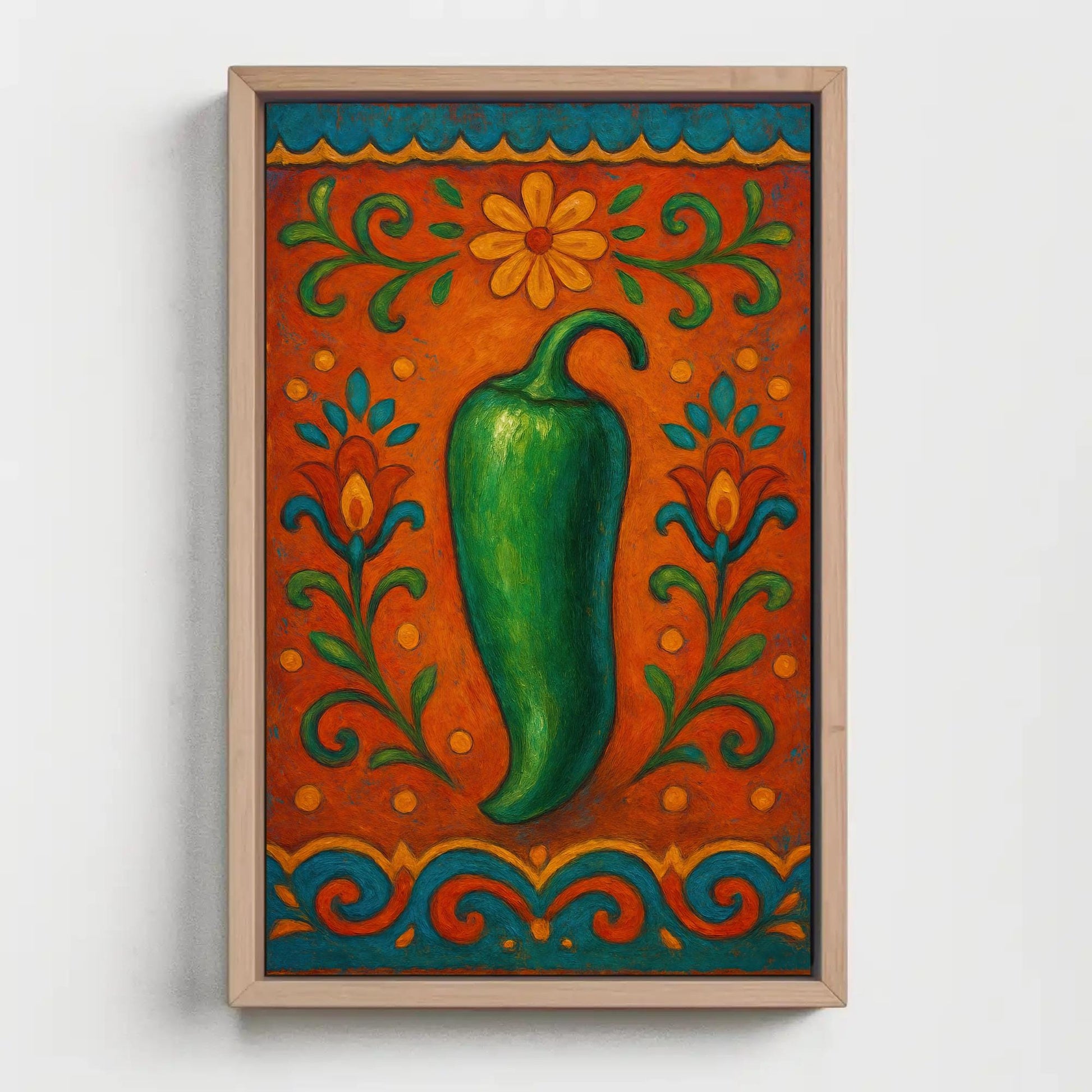 Mexican Folk Art canvas wall art shown in a styled room