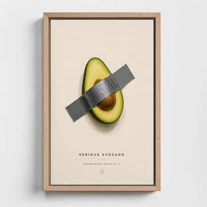 Taped avocado canvas wall art, halved avocado with a piece of duct tape wrapped around it, and the caption reads "SERIOUS