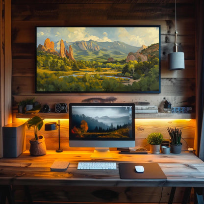 Garden of the Gods canvas wall art shown above a desk