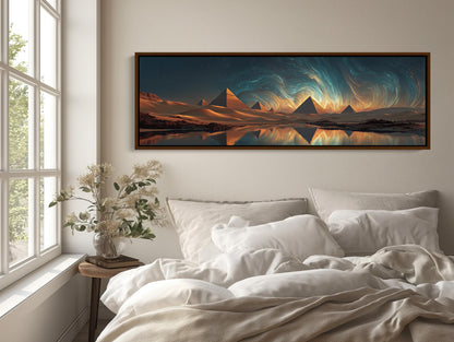 Egyptian Pyramids canvas wall art shown above a bed