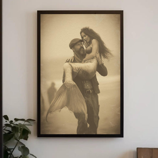 Vintage Mermaid Canvas - Sepia Wall Art | Romantic Nautical Print, Coastal Cottage Decor
