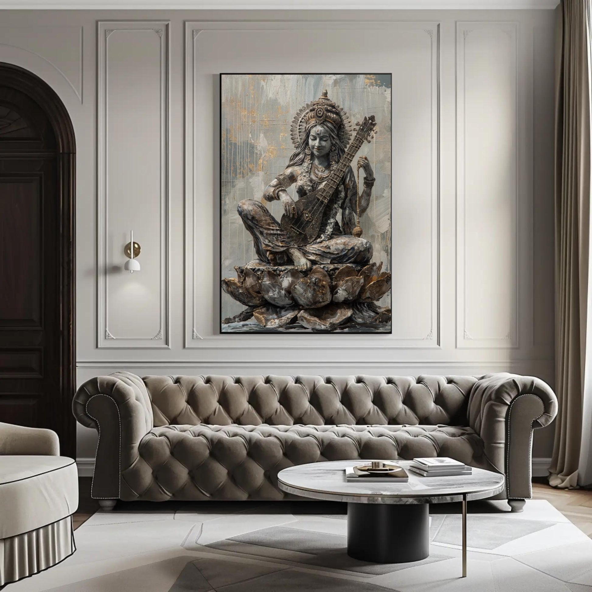 Saraswati Hindu Goddess Art canvas wall art shown in a living room