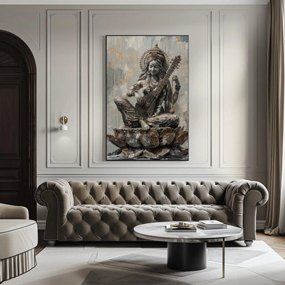 Saraswati Hindu Goddess Art canvas wall art shown in a living room