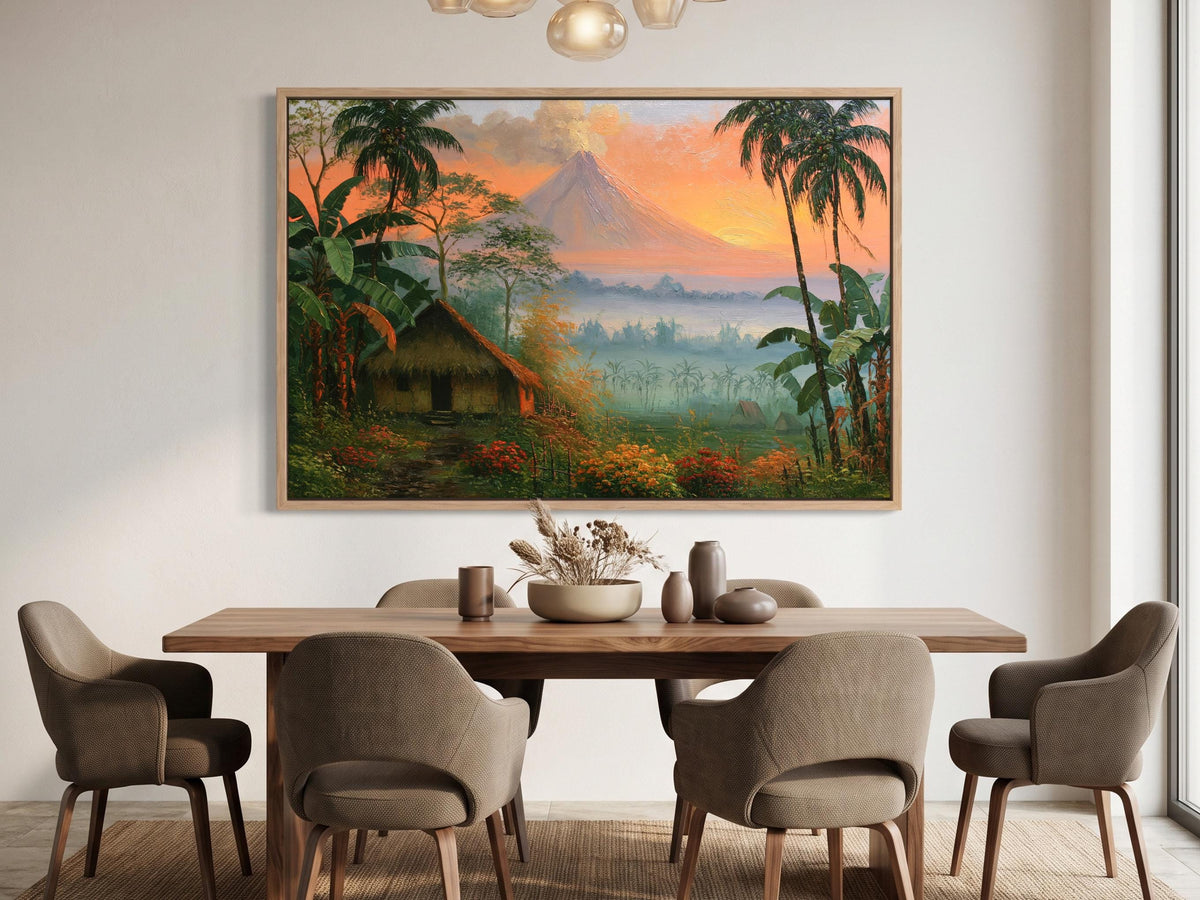 a large painting of a tropical landscape with a mountain in the background, hanging on a wall above a wooden dining table with six chairs.