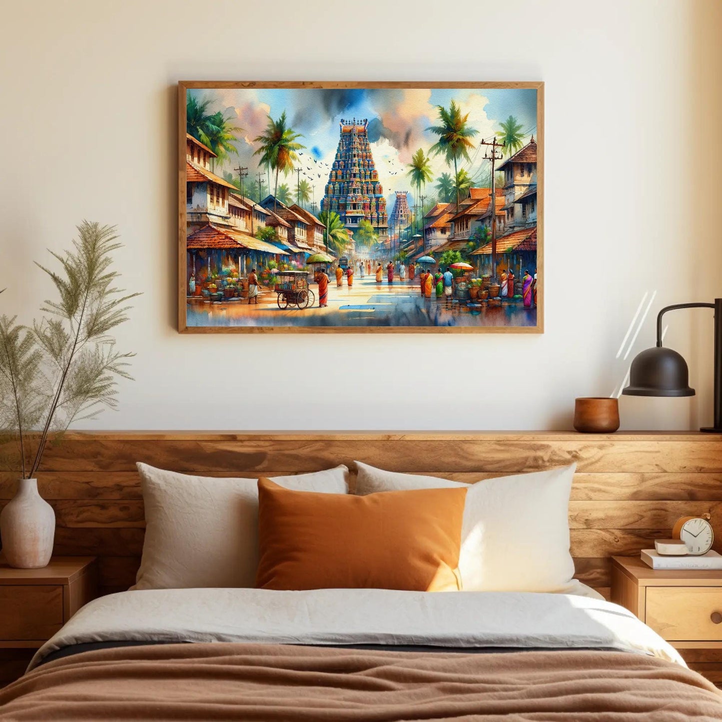 South India Temple , Authentic Landscape canvas wall art shown above a bed