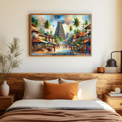 South India Temple , Authentic Landscape canvas wall art shown above a bed
