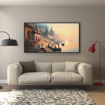 Varanasi canvas wall art shown in a living room
