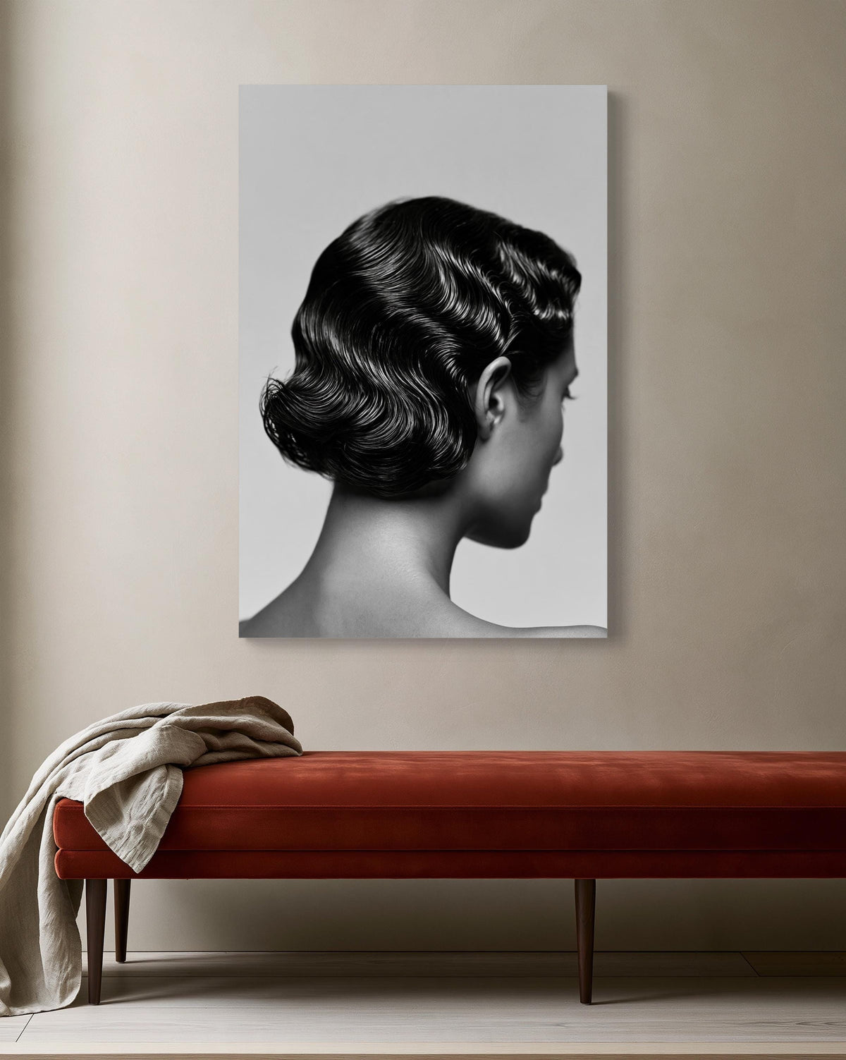 Finger wave hair canvas wall art, woman with sculpted black finger waves seen from behind in black and white